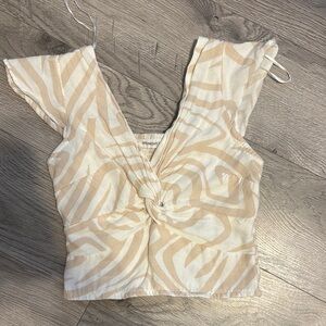 Tan and Cream Sleeveless Tie Front Crop Blouse